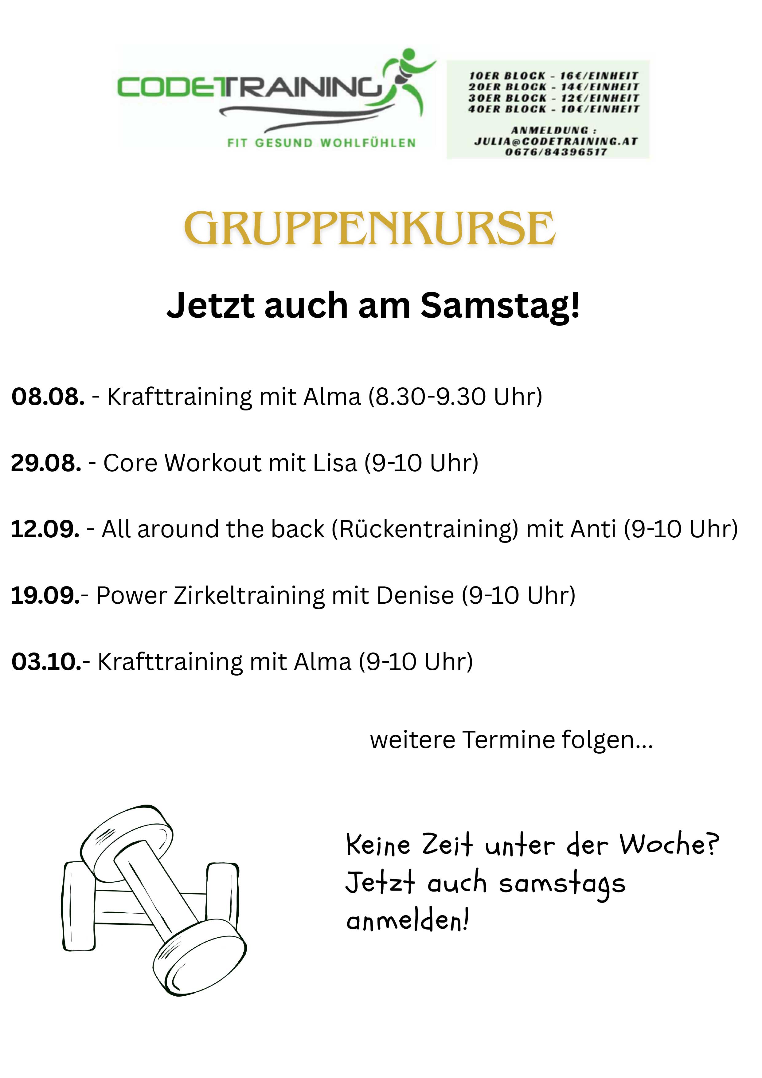 Gruppenkurse auch am Samstag! Gruppenkurse auch am Samstag!